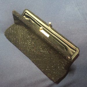 Vtg Walborg Hand Beaded in Belgium BLACK Evening Clutch Kiss Lock Purse